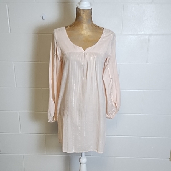 Pink Blush V-Neck Tunic Mini Dress roll Tab Sleeves Thin Silver Stripe - Picture 1 of 10